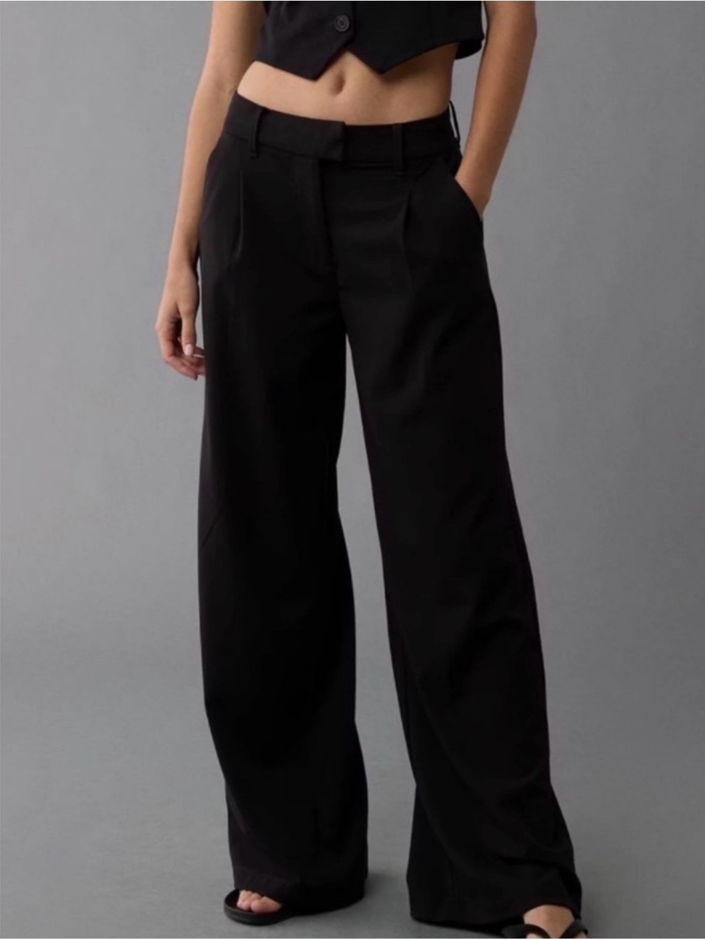 American Eagle High Rise Stretch Wide Leg Trousers Black Size 14 Regular NWT